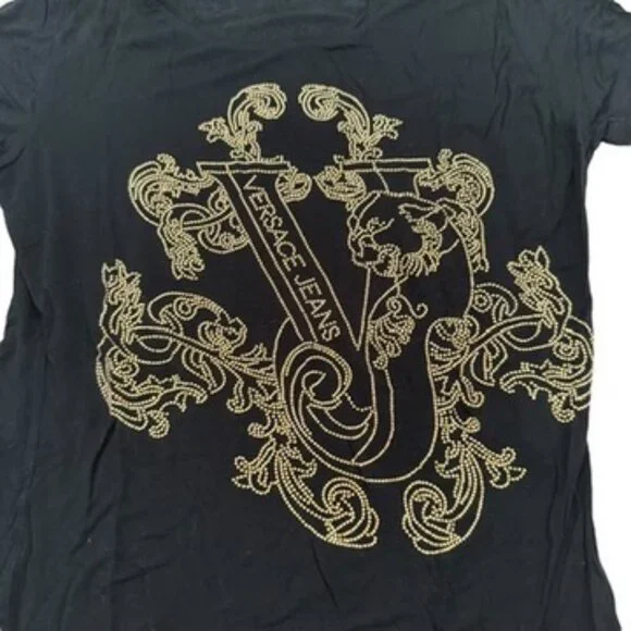 Versace Jeans Black Gold Signature Tee T-shirt 42 US 6 studded rhinestones - Picture 3 of 8